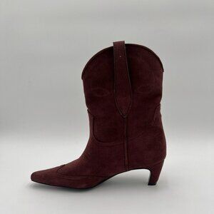 Wine Women Cowboy Boots Ankle Boots Wide Calf Fashion Chunky Stacked Heel Shoes